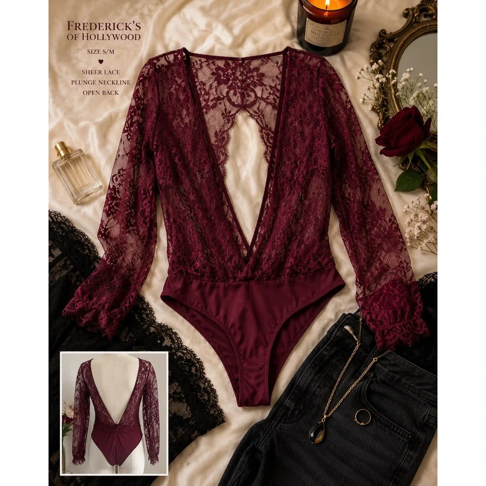 Frederick's of Hollywood Bodysuit S/M Burgundy Lace Sheer Long Sleeve Plunge